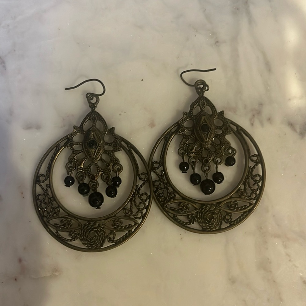 New Vintage Inspired Large Antique Gold Earrings w/ Black Beads Nickel Free